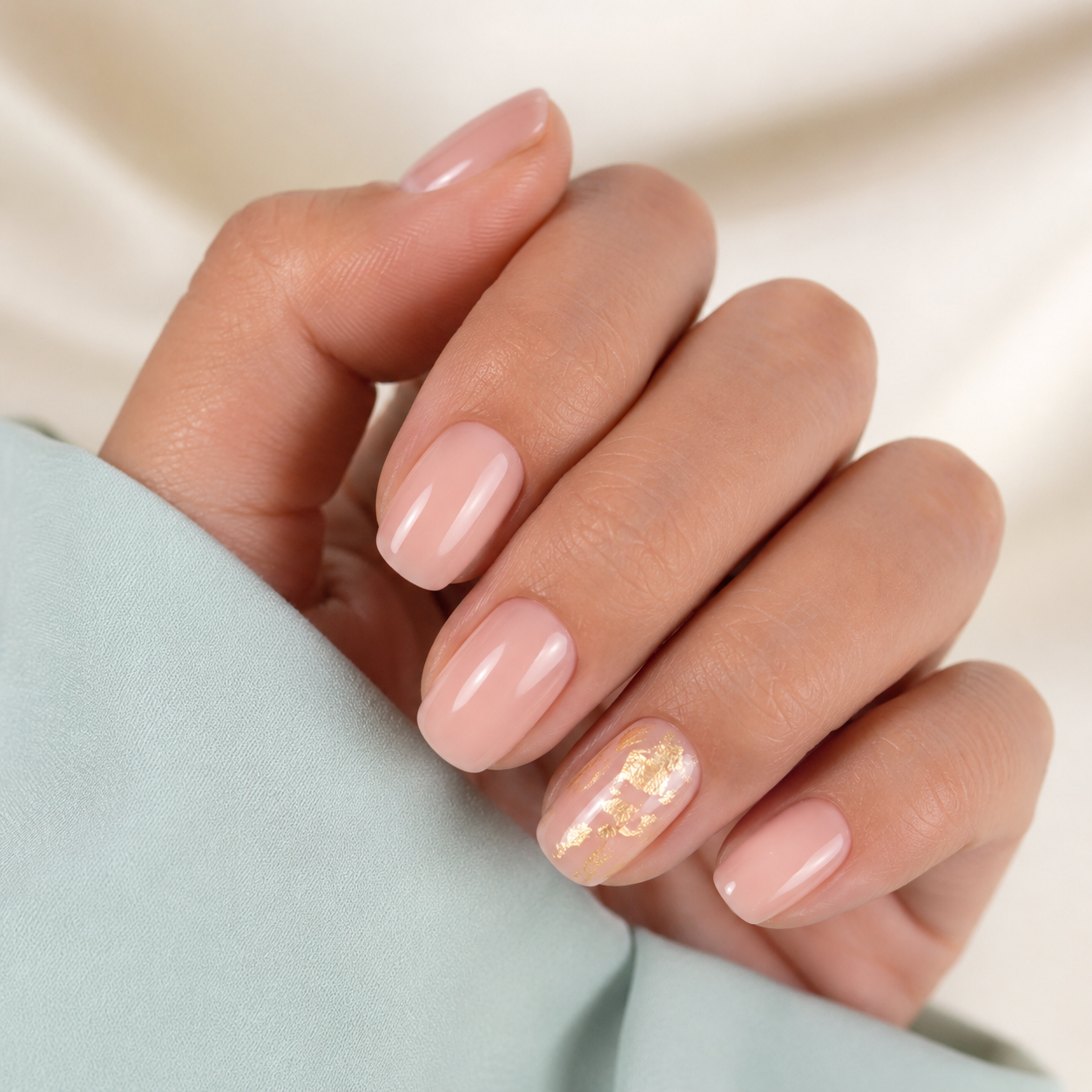Soft pink manicure resting on linen — clean and contemporary