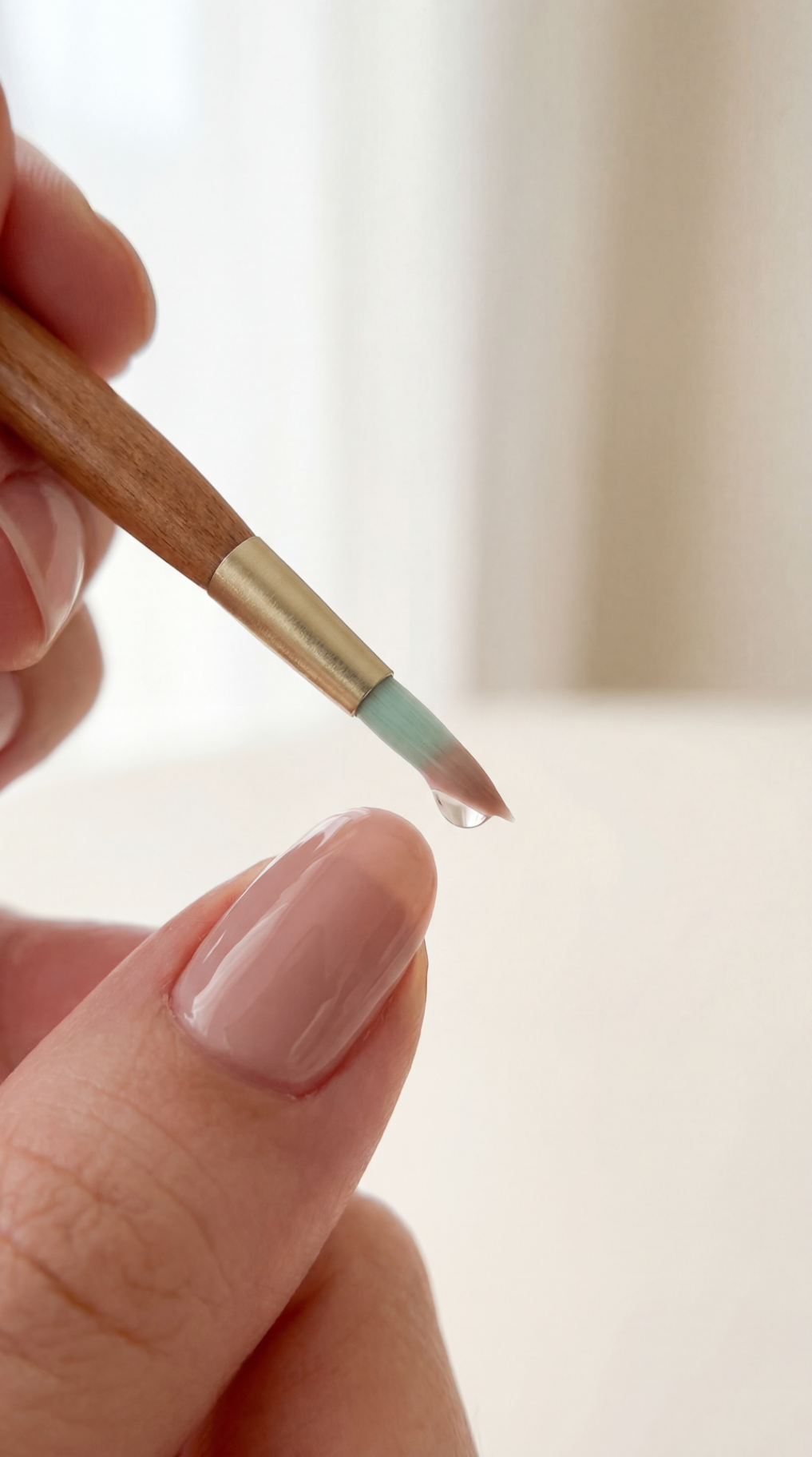 Brush applying glossy nude polish to a nail