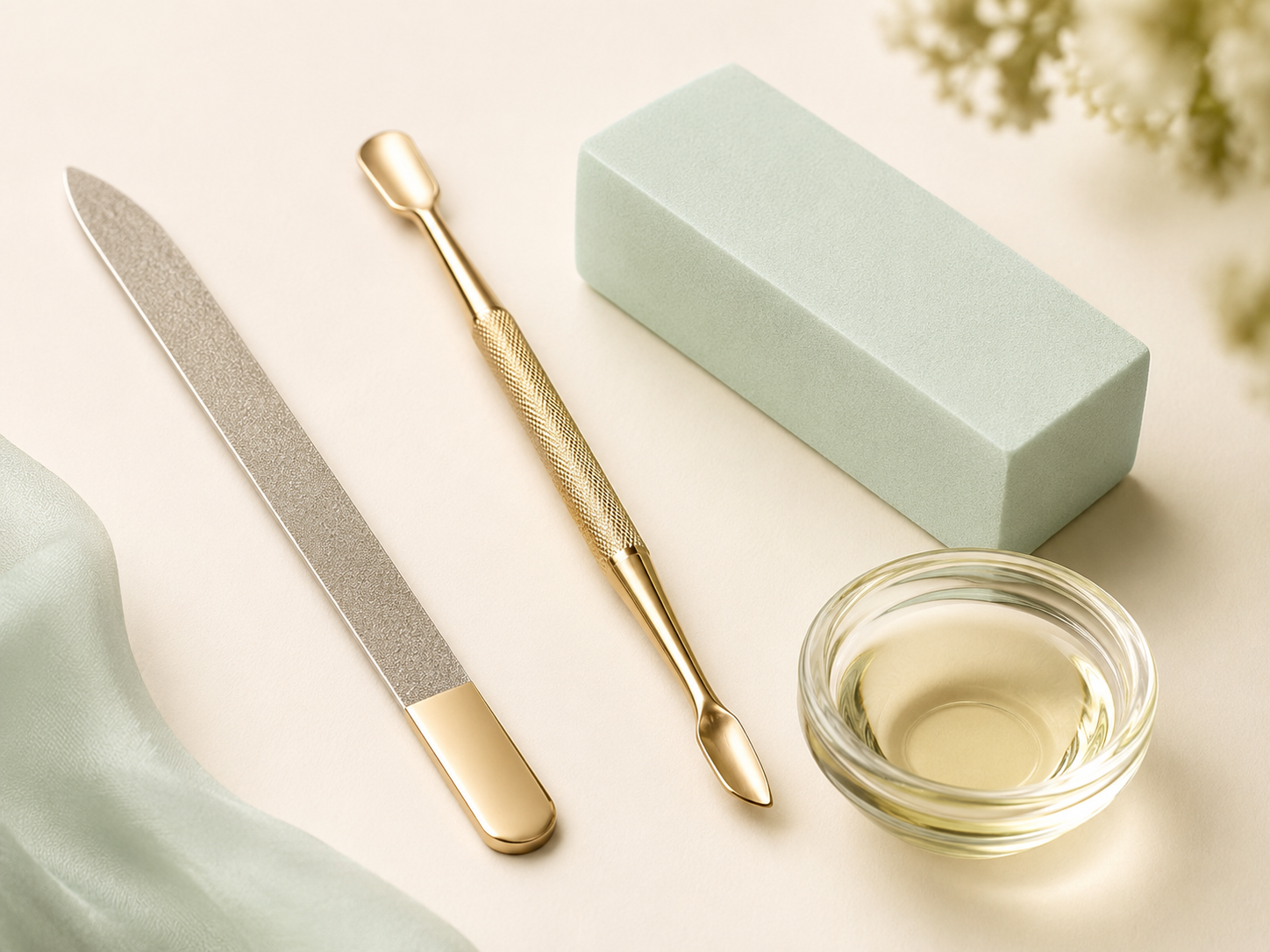 Veloura spa still life — gold cuticle pusher and sage gift box on parchment